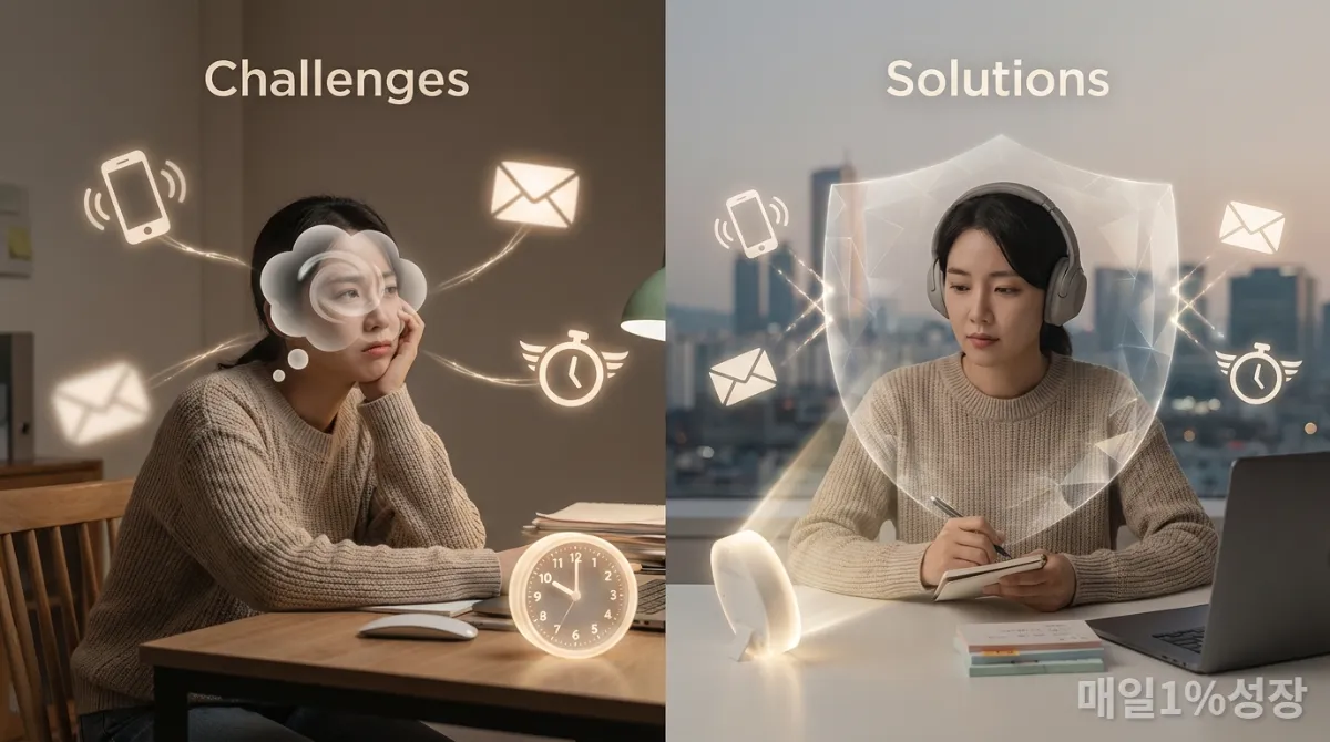 뽀모도로 루틴의 한계와 이를 극복하는 전략을 시각적으로 표현한 이미지