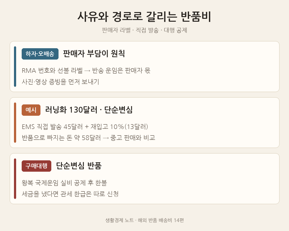 반품비가 갈리는 세 갈래: 하자&middot;오배송은 판매자 선불 라벨, 단순변심 예시(러닝화 130달러)는 EMS 45달러와 재입고 10% 공제, 구매대행은 왕복 운임 실비 공제