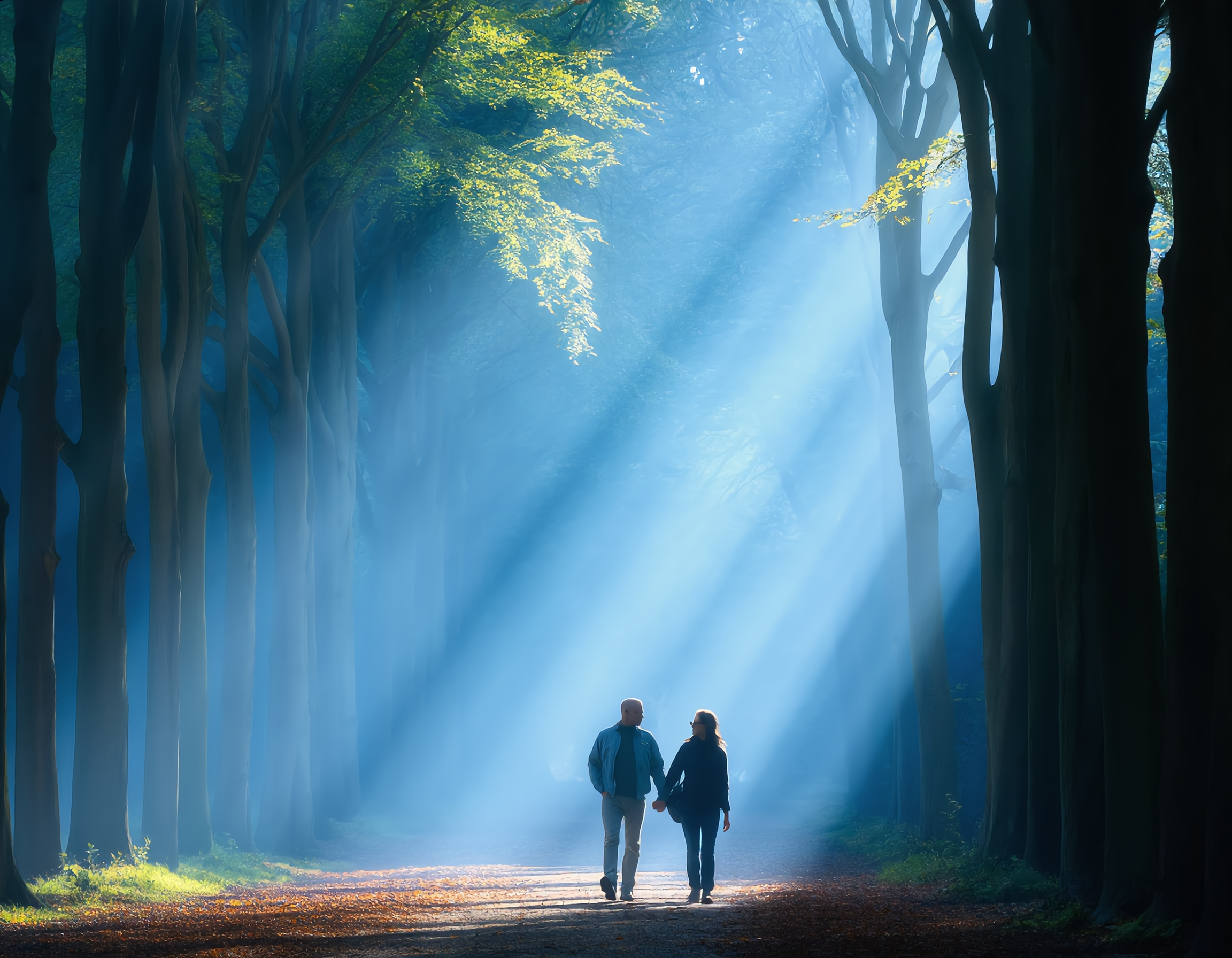 푸른 빛이 감도는 숲길을 따라 중년 부부가 손을 꼭 잡고 걸어가는 모습, 부부는 캐주얼한 옷차림에 여유로운 미소를 띠고 있습니다. 키 큰 나무들 사이로 부드러운 햇살이 스며들고, 공기 중에는 안개가 살짝 깔려 신비로운 분위기를 자아냅니다. 평화로우면서도 로맨틱한 풍경이 전신 샷으로 담겨 있습니다.