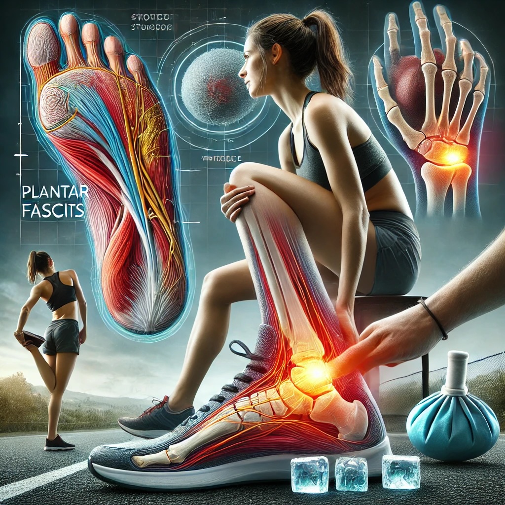 발바닥 통증을 호소하는 러너의 모습을 통해 족저근막염의 원인과 증상, 예방과 케어 방법을 시각화한 이미지 사진