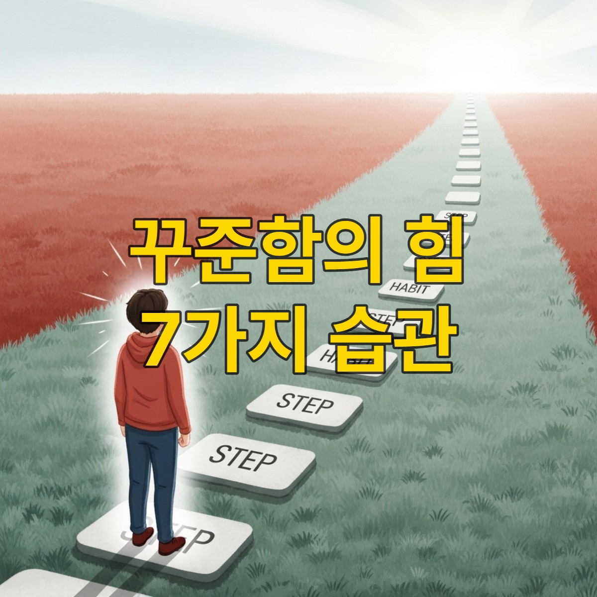 작은 블록들이 꾸준히 쌓여 단단한 구조물을 이루는 모습으로, 꾸준함의 힘과 습관 형성을 시각적으로 표현한 이미지