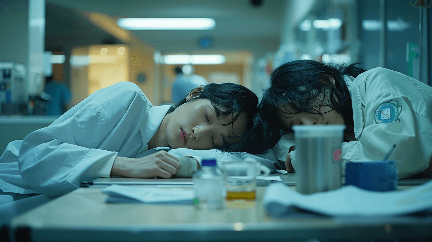 책상에-엎드려-잠든-두-의사