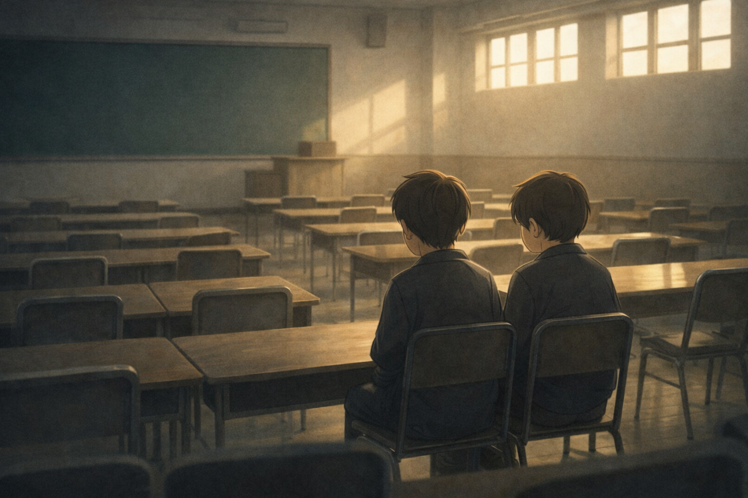 비어 있는 교실 맨 뒤줄에 나란히 앉은 두 아이, 말없이 이어진 조용한 연대의 순간