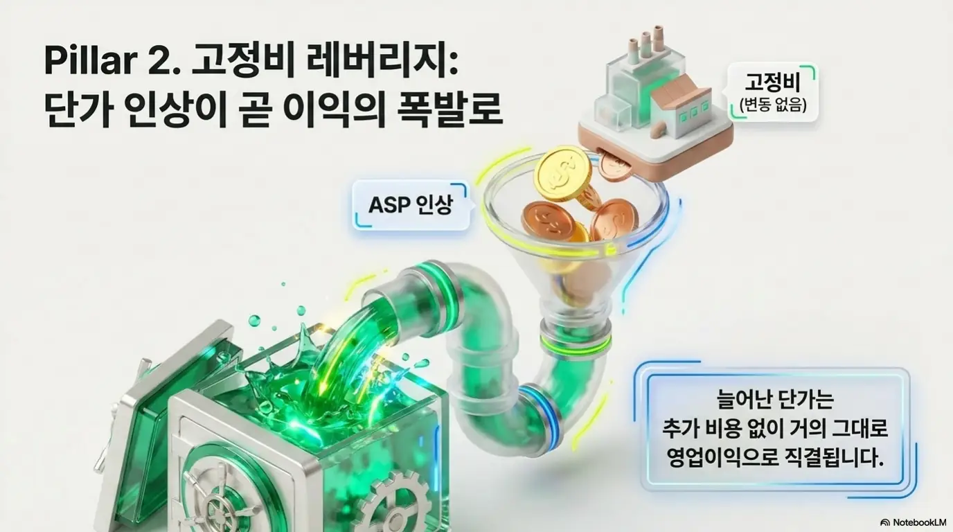 DB하이텍 주가 전망: &amp;#39;고정비 레버리지: 단가 인상이 곧 이익의 폭발로&amp;#39;라는 문구와 ASP 인상분이 추가 비용 없이 영업이익으로 흘러가는 파이프 그래픽이 담긴 이미지. 이 이미지는 고정비 구조에서 전력반도체 단가 인상이 이익 증가로 직결되는 원리를 시각적으로 전달하며&amp;#44; 블로그의 DB하이텍 주가 전망과 관련된 내용을 설명함 