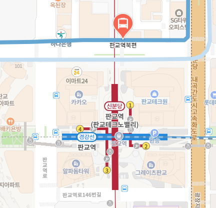 판교역북편에서 인천공항 리무진 공항버스(5000번) 지도 위치