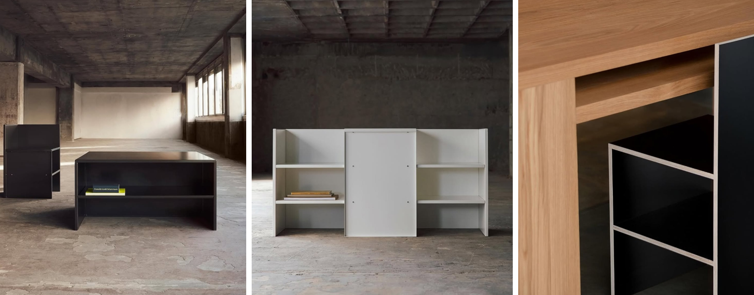 생로랑 도널드 저드 협업 블랙 가구 세트, 인더스트리얼 공간 속 테이블과 체어 디자인, 생로랑X도널드 저드 협업 화이트 북케이스 가구, 미니멀리즘 인테리어 전시컷, 생로랑 협업 가구 디테일, 우드 프레임과 블랙 수납장 조화가 돋보이는 모던 디자인