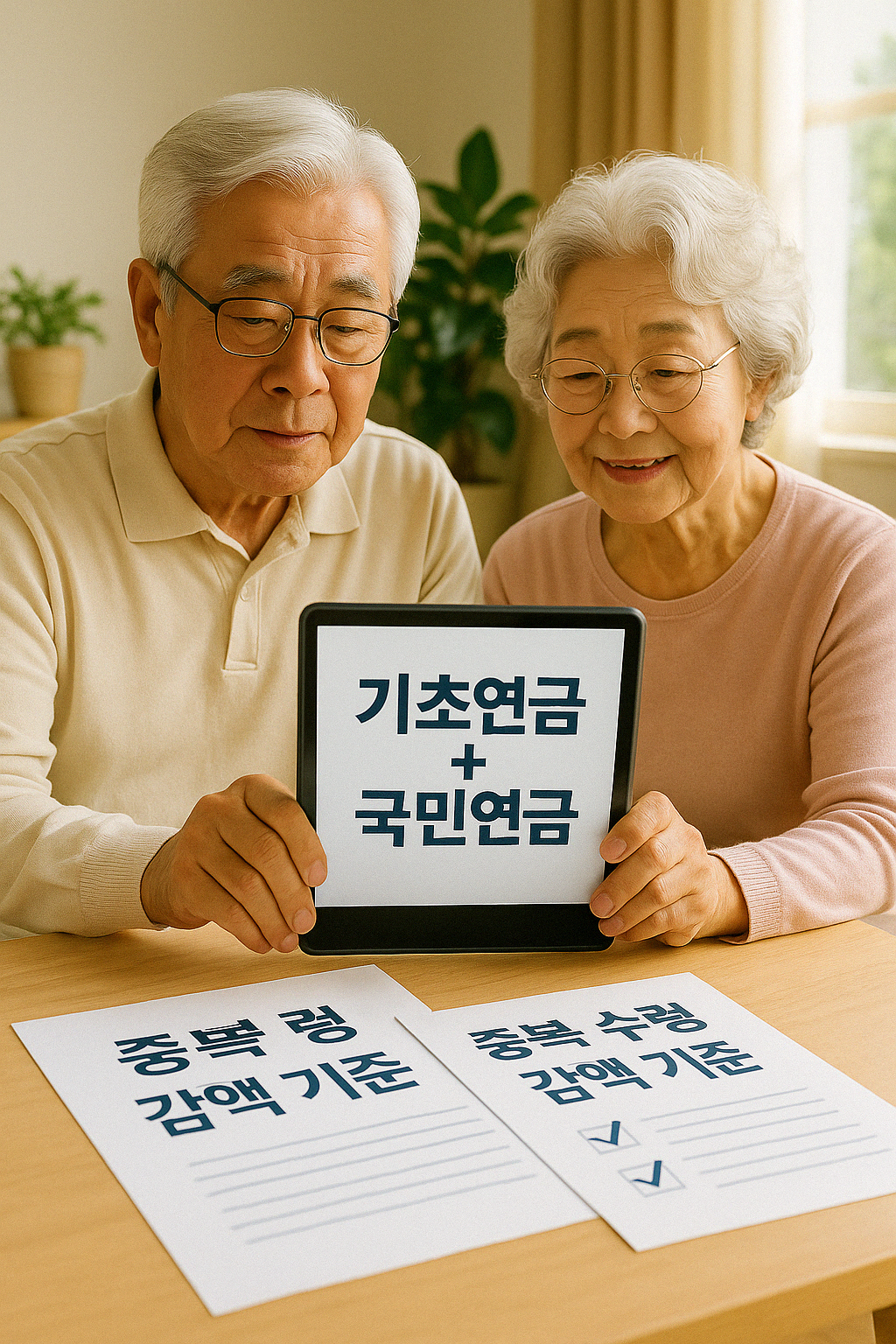 기초연금과 국민연금의 동시 수급 및 감액 기준을 상담받는 한국 노부부의 모습