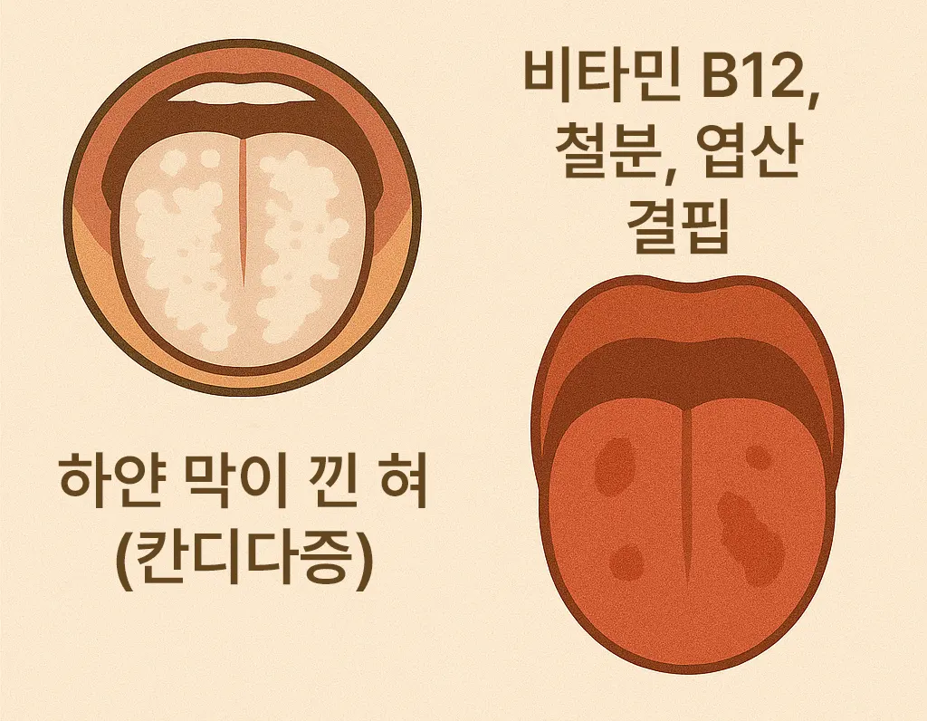 하얀 막이 낀 혀(칸디다증), 비타민 B12·철분·엽산 결핍 관련된 혀 질환