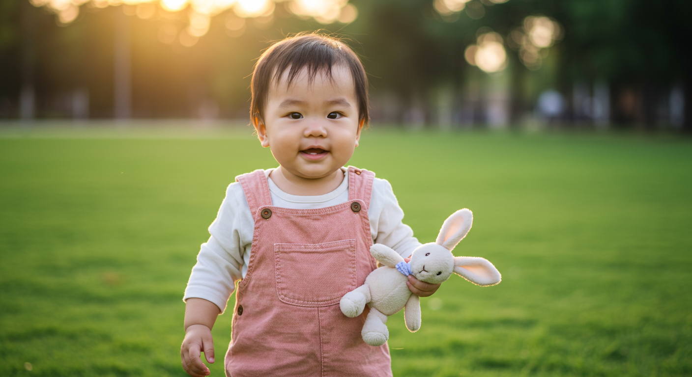 애착인형을 안고 잔디밭에서 노는 아기