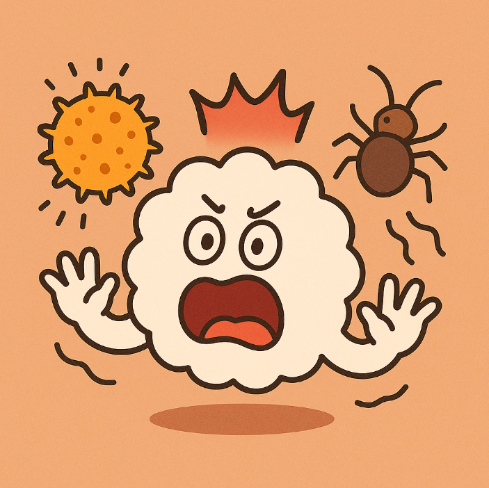 꽃가루와 집먼지 진드기에 과민 반응하는 면역세포 캐릭터 일러스트. 알레르기 반응을 표현한 귀여운 교육용 이미지.