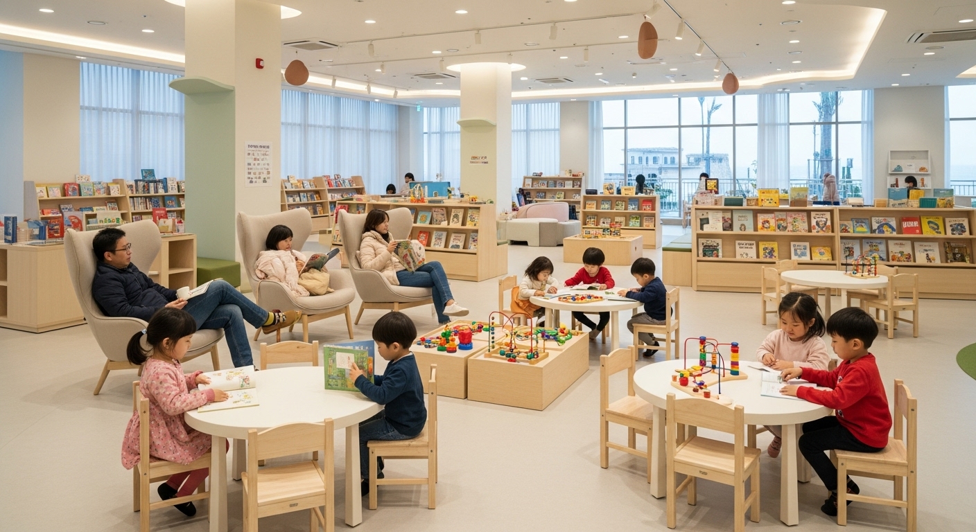 부산 기장 아난티 코브 이터널저니 내 키즈존에서 아이들이 책을 읽고 놀며 즐거운 시간을 보내는 모습. 부모님들도 편안하게 휴식을 취하는 따뜻하고 현대적인 실내 공간.