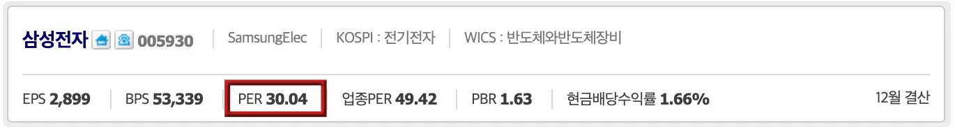 회색테두리 안 흰 배경 좌측상단 파란글씨 삼성전자 아래 붉은테두리 안 검은글씨 PER 30.04