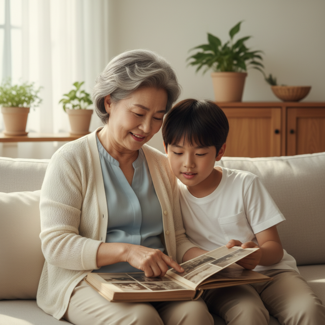 과거 기억 회상을 위해 손주와 함께 옛날 사진첩을 보며 대화를 나누는 어르신의 따뜻한 모습