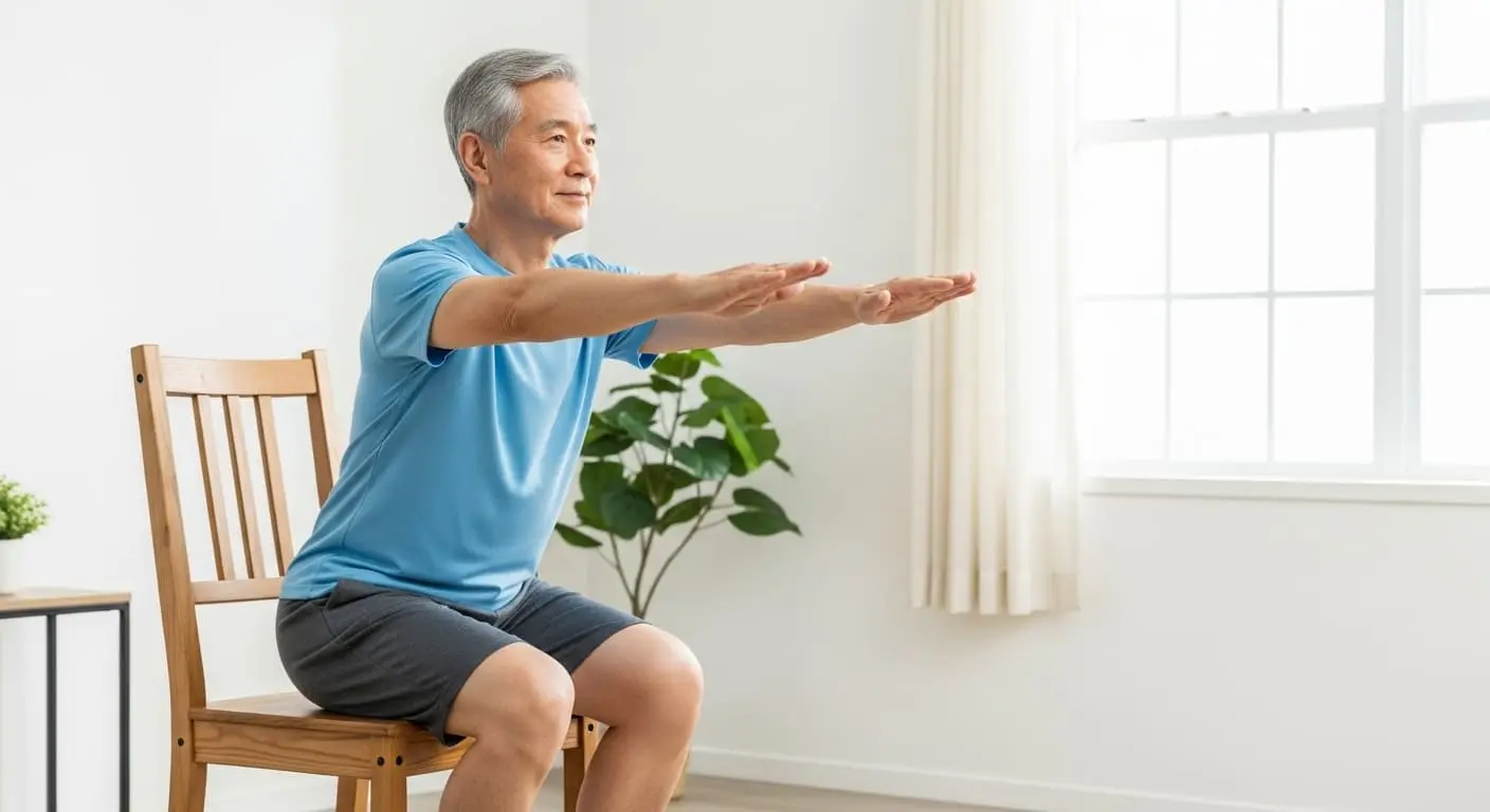 집에서 의자를 이용해 안전하게 스쿼트 운동을 하는 노년 남성의 모습
