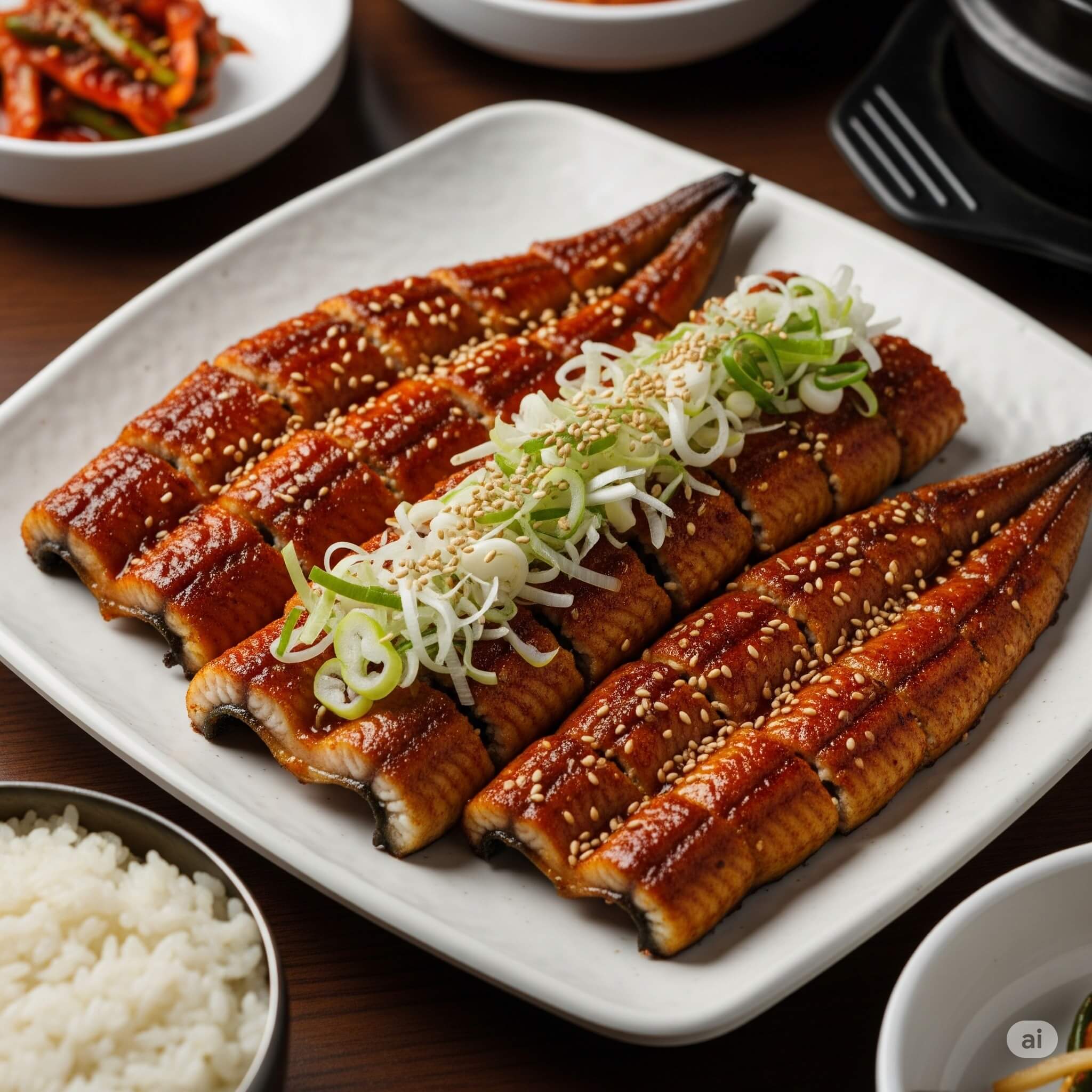 맛있게 양념하여 구워낸 한국 전통 복날 보양식 장어구이 한 접시