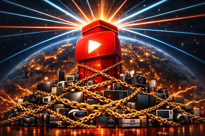 모든 기기를 연결하여 생태계를 구축한 유튜브 타워 그래픽.