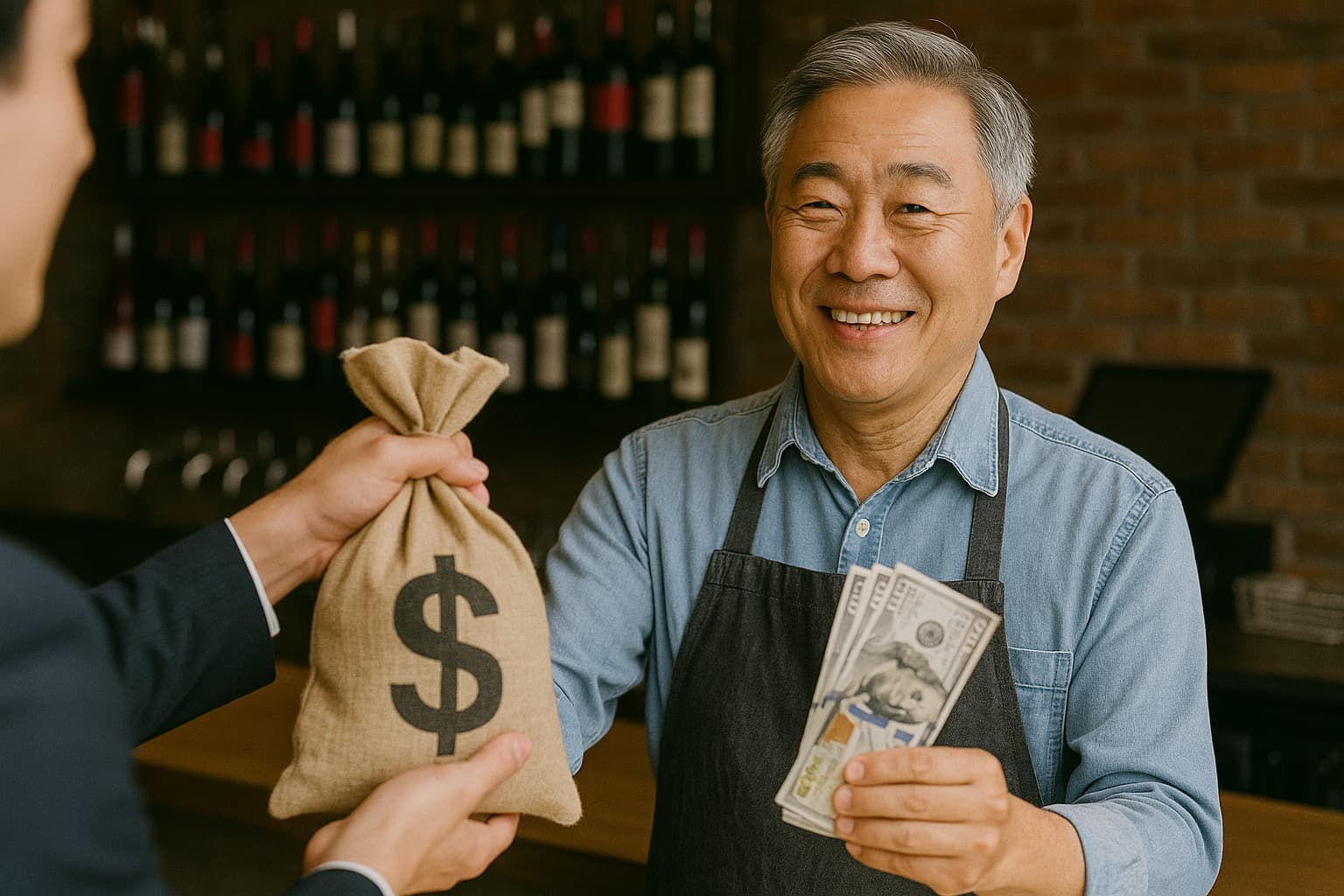 남성 소상공인이 바에서 지원금 현금을 받고 환하게 웃는 장면