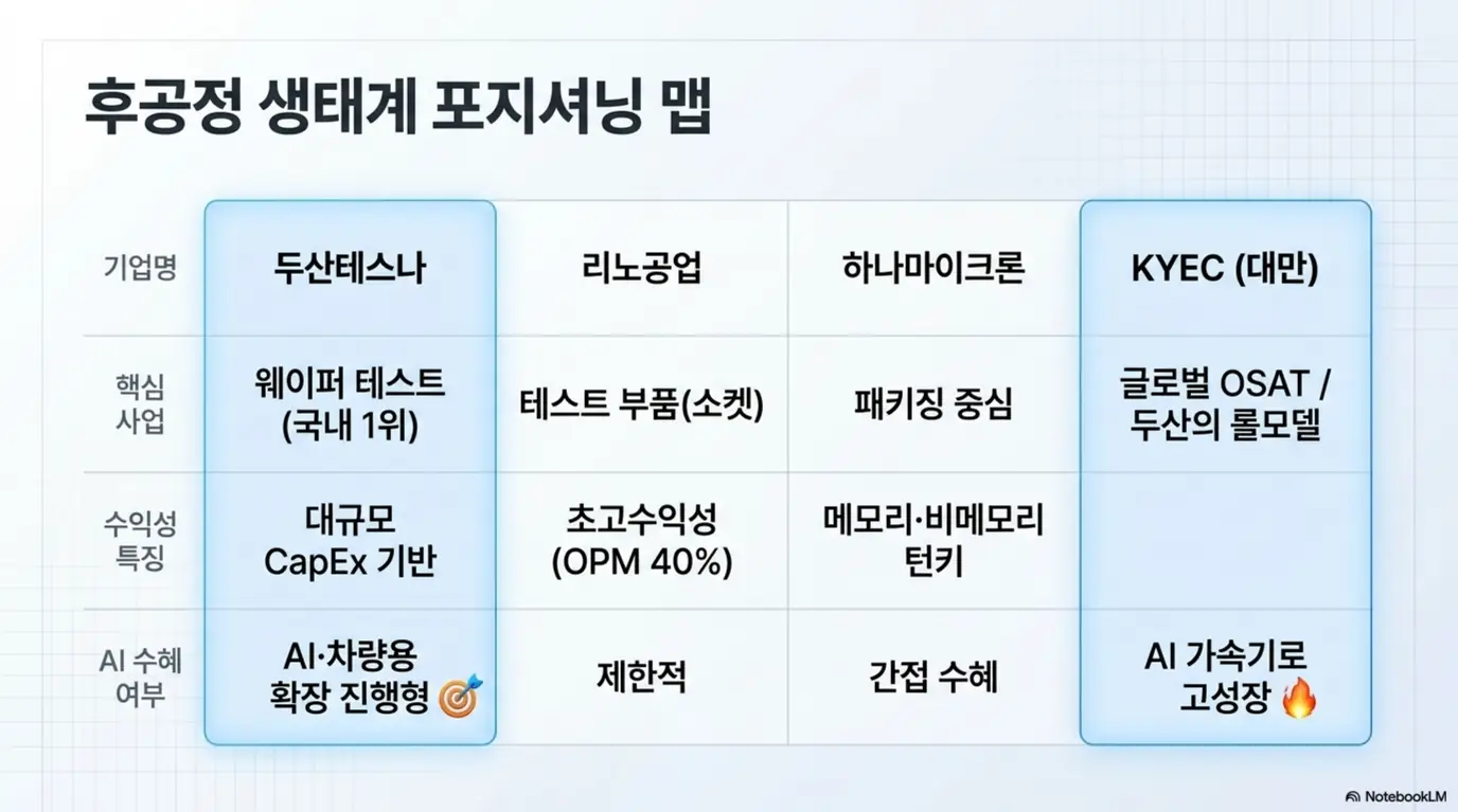 두산테스나 주가 전망: 두산테스나와 리노공업&amp;#44; 하나마이크론&amp;#44; 대만 KYEC의 핵심 사업과 수익성 특징&amp;#44; AI 수혜 여부를 비교한 후공정 생태계 포지셔닝 맵 이미지. 두산테스나가 웨이퍼 테스트 국내 1위이자 대규모 설비투자 기반으로 AI와 차량용 반도체 확장을 진행 중인 위치에 있음을 표로 정리해 보여줌