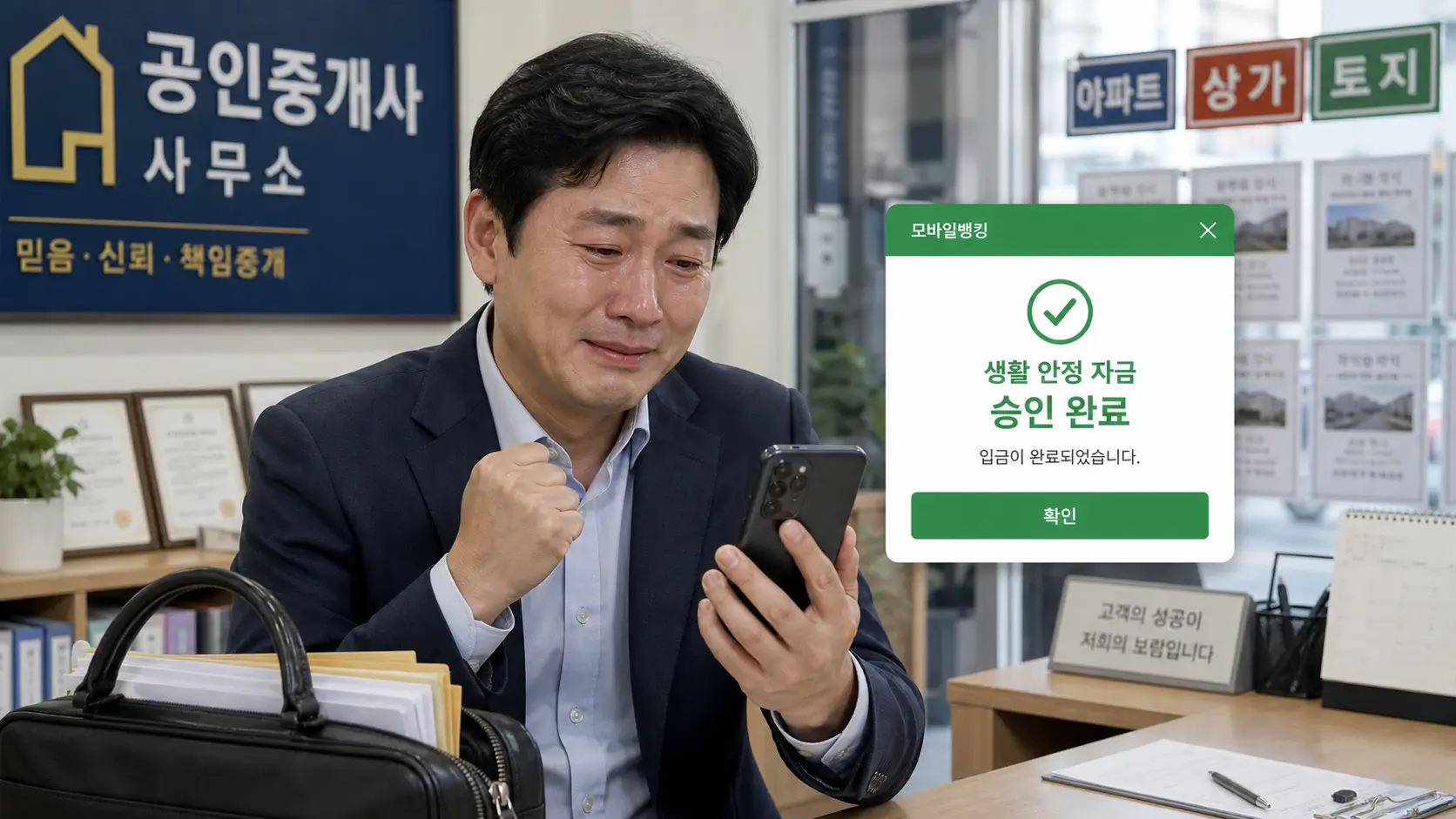 한국의 공인중개사 사무소에서 서류 가방을 든 40대 남성이 모바일 뱅킹 앱으로 생활 안정 자금 승인 초록색 알림창을 보며 눈물을 글썽이며 안도하는 모습