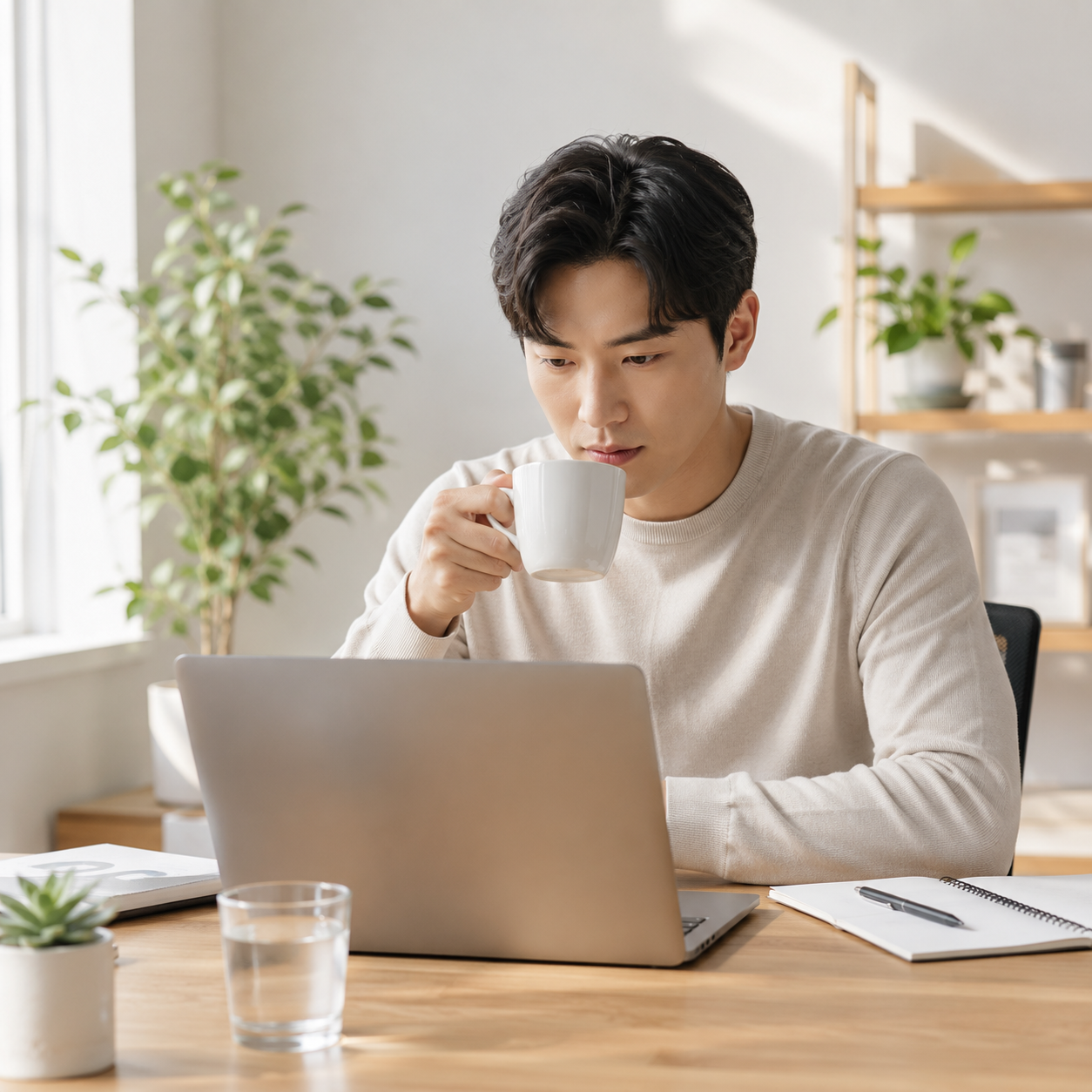 커피의 카페인으로 잠을 깨우고 집중하는 한국인 성인의 모습