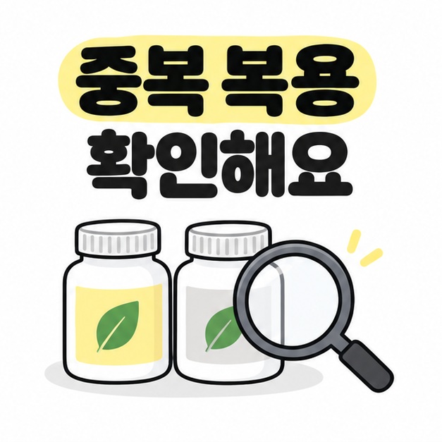 중복 복용을 확인하자는 문구와 영양제 병 두 개, 확인용 돋보기 그림