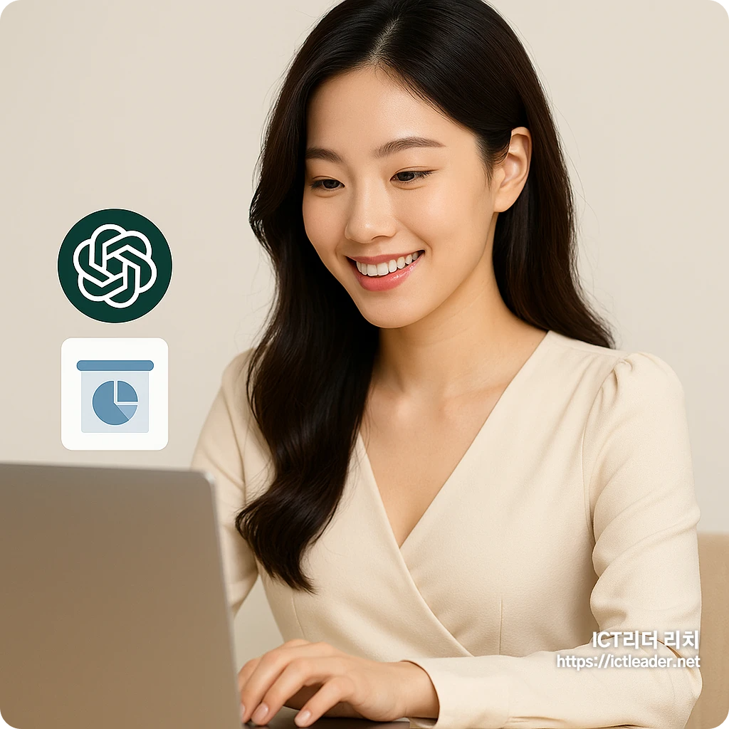밝고 단정한 모습의 20대 여성이 자연스럽게 ChatGPT와 PPT 생성 툴을 활용하는 장면을 담은 대표 이미지입니다. 텍스트 없이 깔끔한 연출로, 블로그 대표 이미지나 SNS 공유용으로 최적화되어 있습니다.