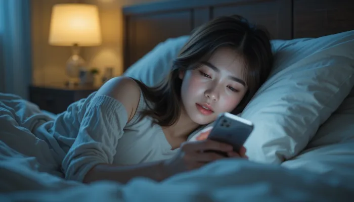 잠들기 전 스마트폰을 보는 여성