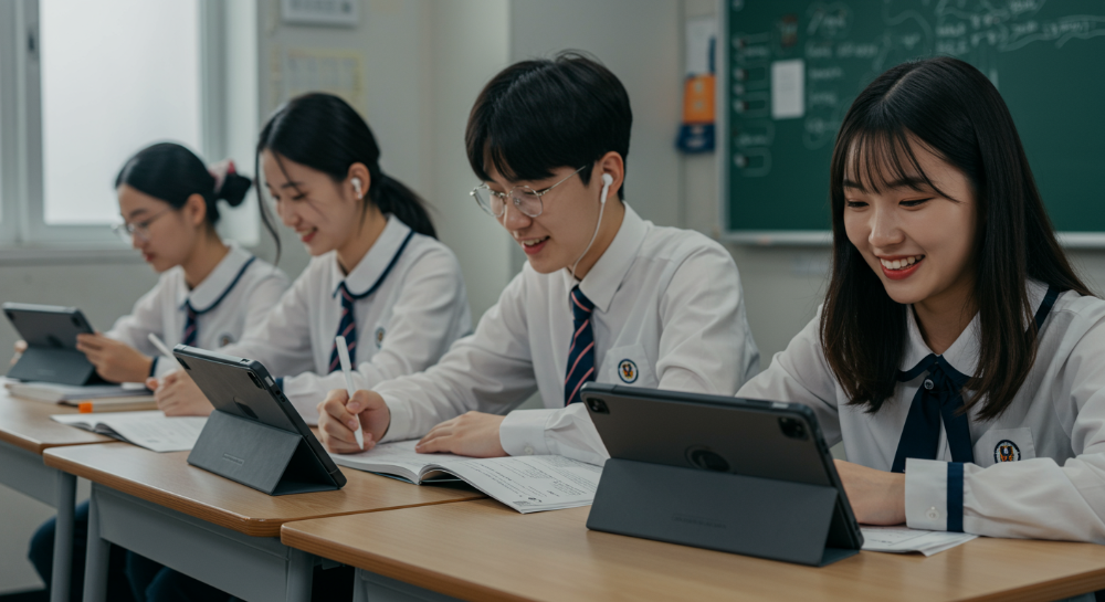 2025년 학생들의 학습 환경을 보여주는 이미지. 다양한 태블릿PC를 활용해 온라인 강의를 듣고, 디지털 필기를 하며, PDF 자료를 보는 초등학생, 중학생, 대학생의 모습.