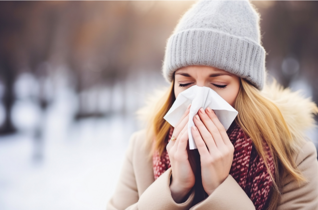 코를 풀고 있는 여성