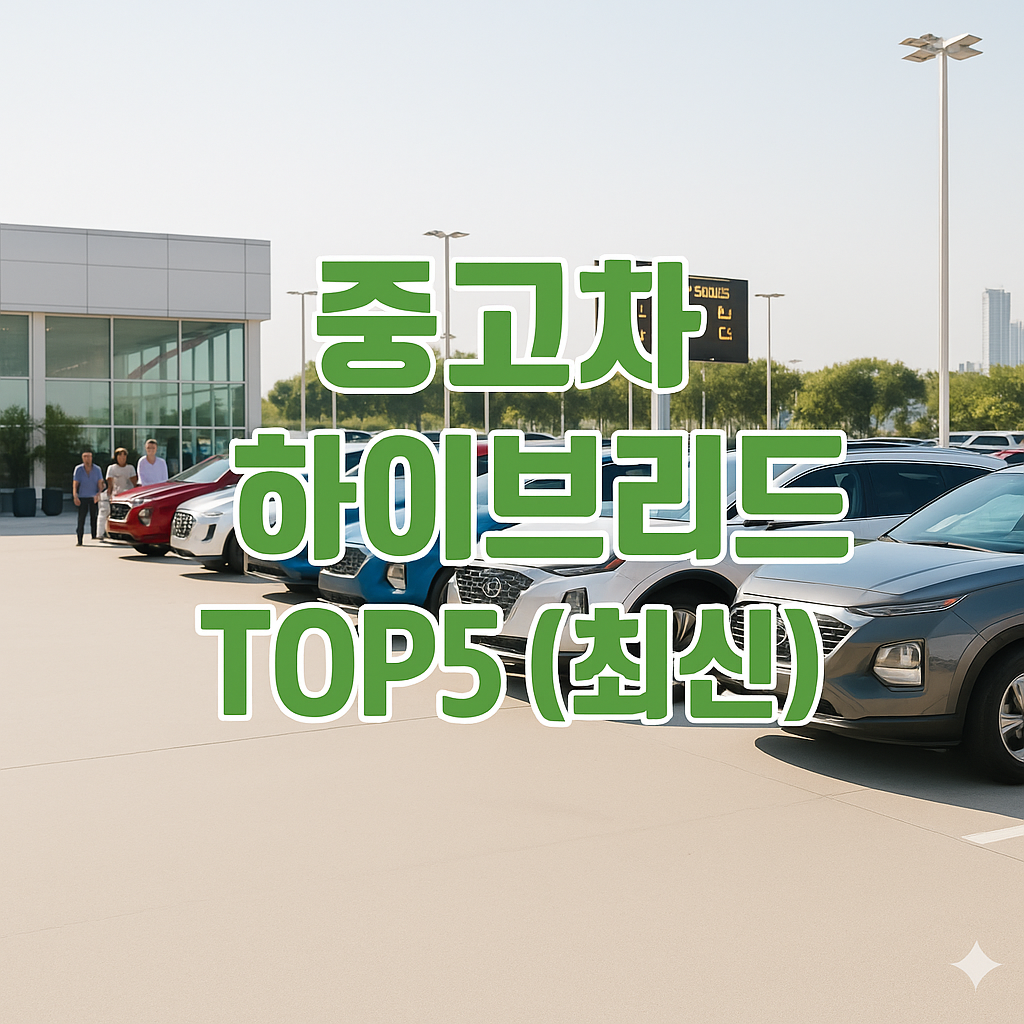 중고차 하이브리드 TOP5 추천 차량이 전시장에 나란히 주차된 모습