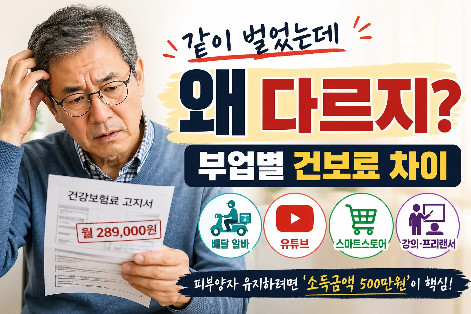 60대 은퇴자가 심각한 표정으로 월 289,000원이 찍힌 건강보험료 고지서를 바라보고 있는 썸네일 이미지입니다. 우측에는 '같이 벌었는데 왜 다르지? 부업별 건보료 차이'라는 큰 제목이 적혀 있으며, 그 아래로 배달 알바, 유튜브, 스마트스토어, 강의&middot;프리랜서 아이콘이 나열되어 있습니다. 하단에는 '피부양자 유지하려면 소득금액 500만 원이 핵심!'이라는 강조 문구가 포함되어 있어 N잡러의 건강보험료 절세 전략을 시각적으로 보여줍니다.