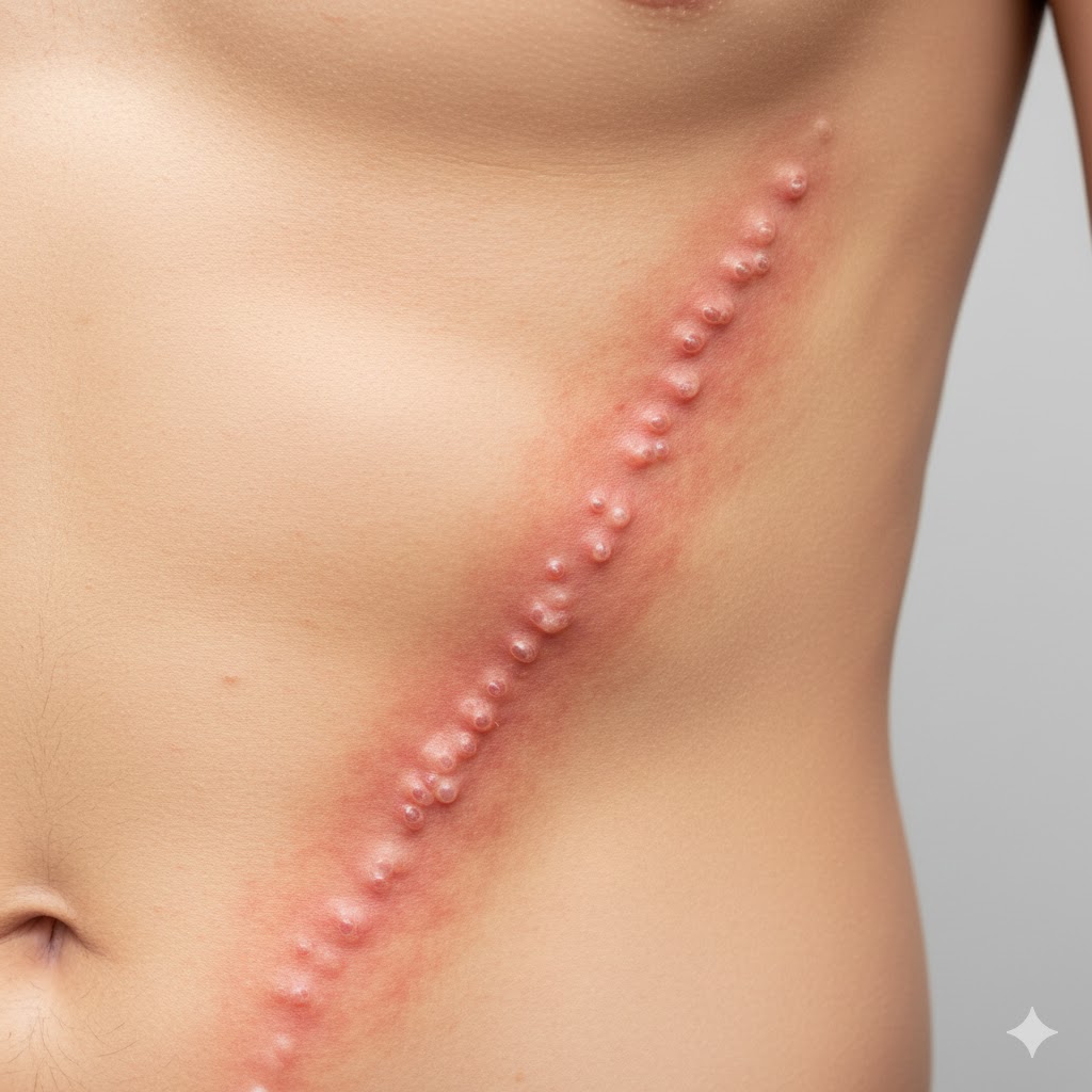 몸 한쪽에 띠 모양으로 나타나는 대상포진 발진