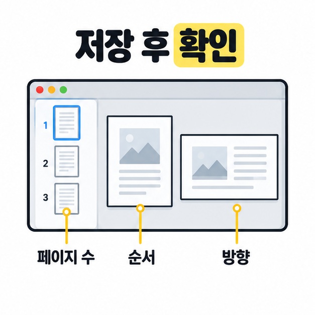 완성된 PDF 미리보기에서 페이지 수와 순서, 세로 및 가로 페이지의 방향을 확인하는 모습을 보여주는 이미지