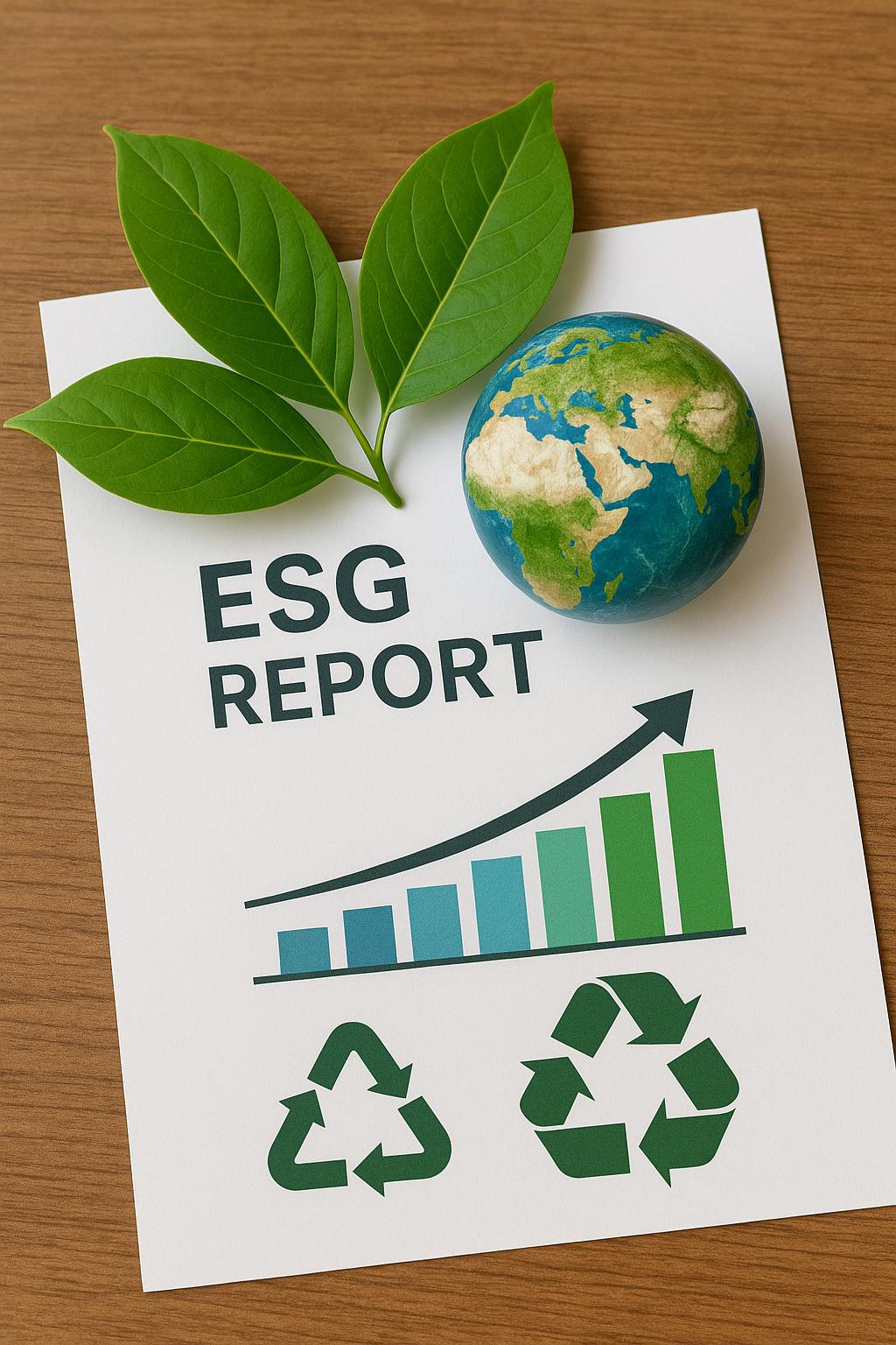 SG 보고서 위에 펼쳐진 녹색 나뭇잎, 지구 모형, 차트, 리사이클 심볼 이미지