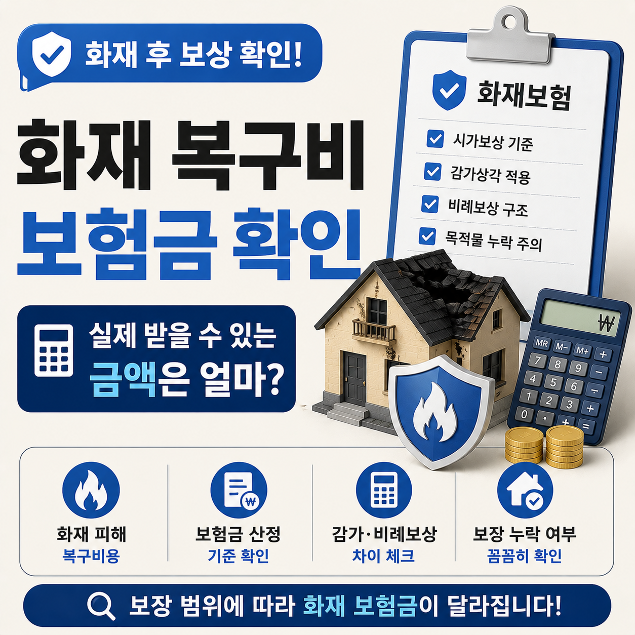 화재 후 복구비와 화재보험금 보상 기준 설명 이미지