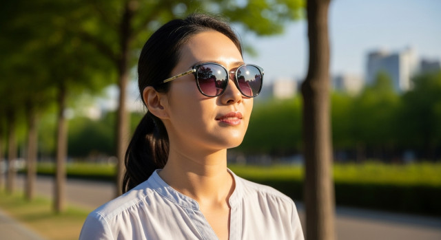 햇빛을 피하며 선글라스를 낀 여성