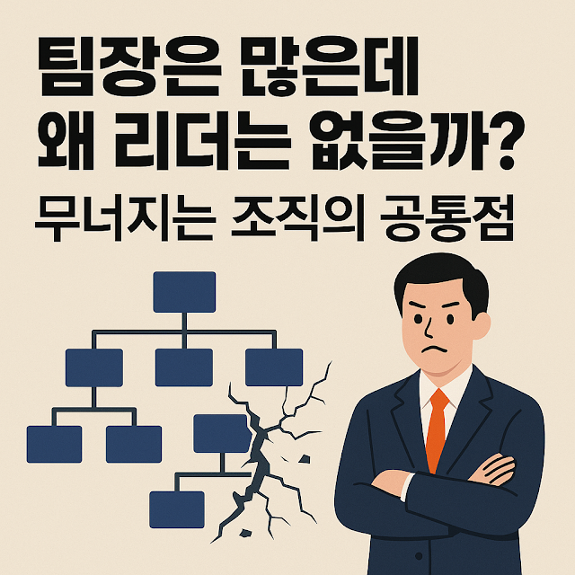 조직도를 배경으로 고민하는 정장 차림의 남성과 '팀장은 많은데 왜 리더는 없을까? 무너지는 조직의 공통점'이라는 문구가 함께 있는 이미지