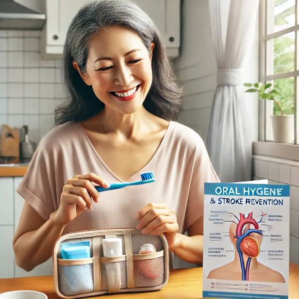 칫솔을 파우치에 넣으며 미소 짓는 동양인 중년 여성