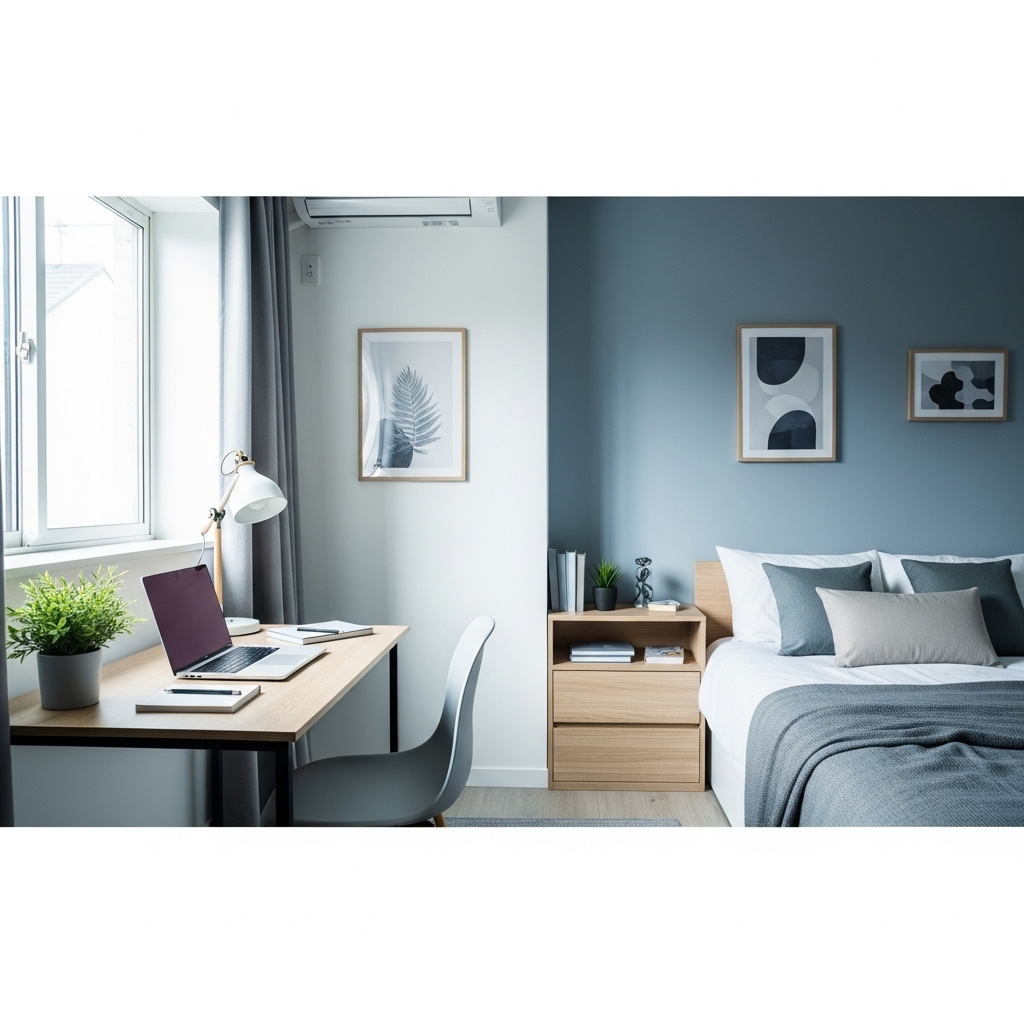 푸른색과 회색 톤으로 꾸며진 깔끔하고 아늑한 대학생 자취방의 전경. 최소한의 가구와 식물이 조화롭게 배치되어 미니멀한 감성을 보여준다.