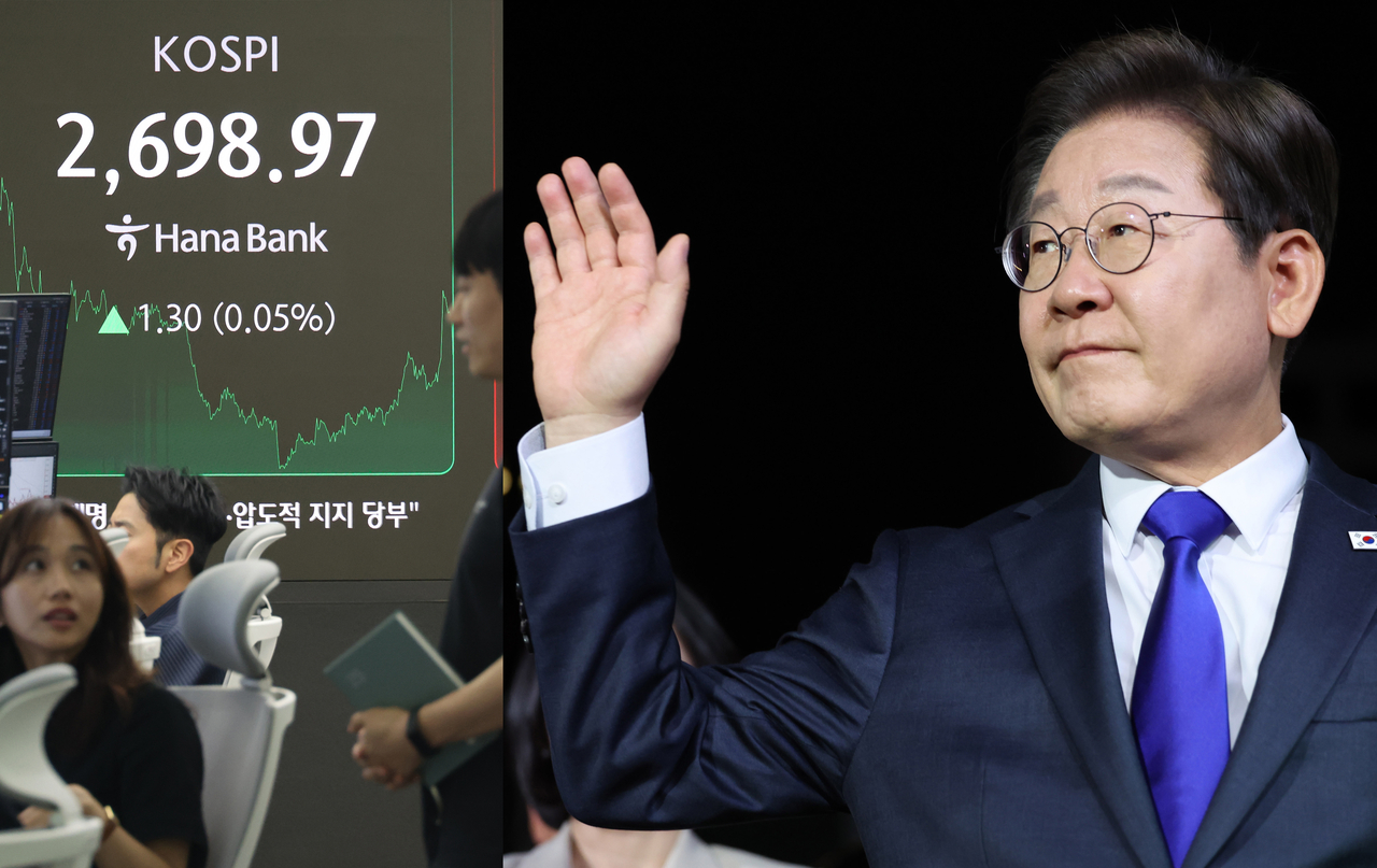 하나은행코스피지수 와 이재명대통령 사진