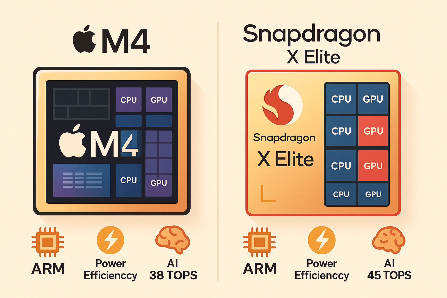 애플 M칩과 퀄컴 스냅드래곤 비교 (아키텍처, 전력, AI) 애플 M칩 vs 퀄컴 스냅드래곤 구조 비교 인포그래픽