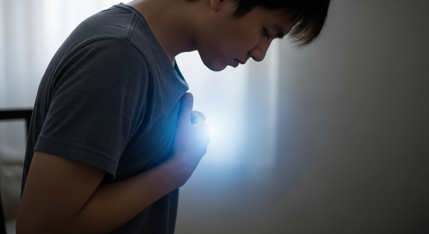 숨쉬기 힘들어하며 깊은 숨을 쉬는 사람의 모습