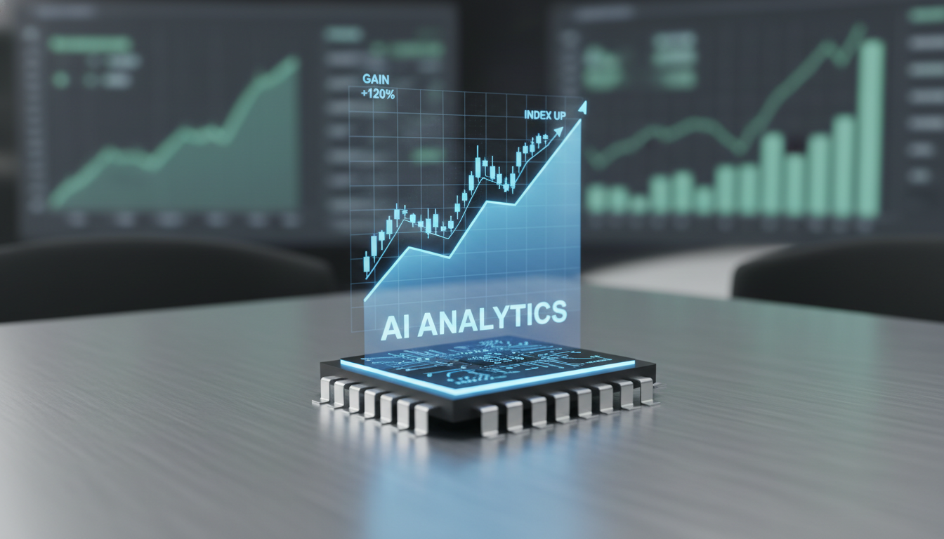 빛나는 인공지능 마이크로칩 위로 홀로그램 주식 상승 차트가 떠 있는 모습