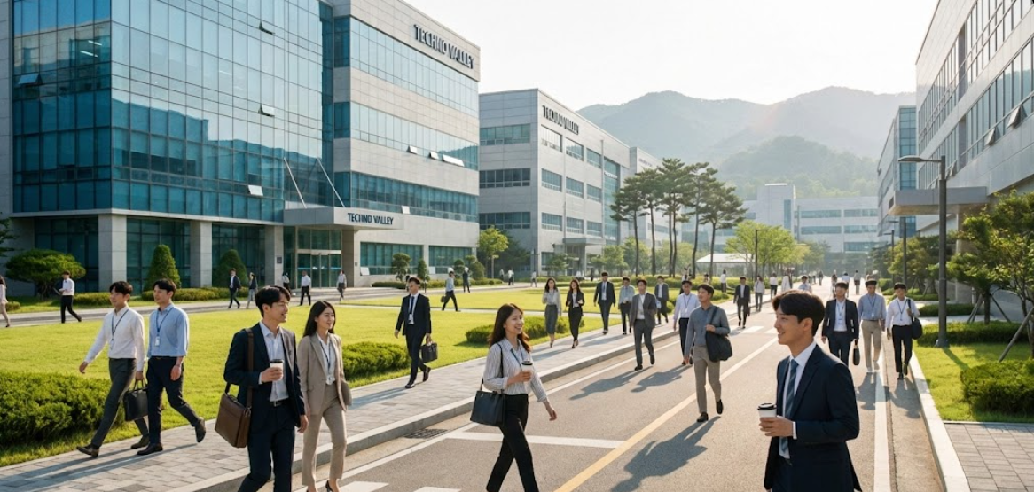 지방 산업단지의 현대적인 공장 전경과 출근하는 청년들