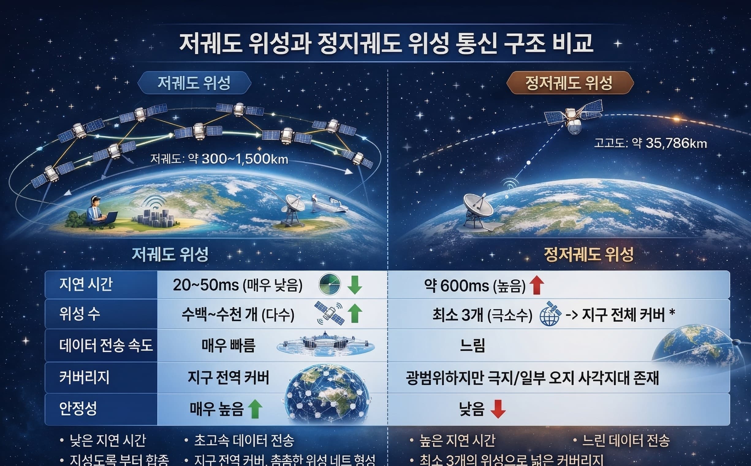 위성 궤도 특성과 통신 서비스 범위의 차이