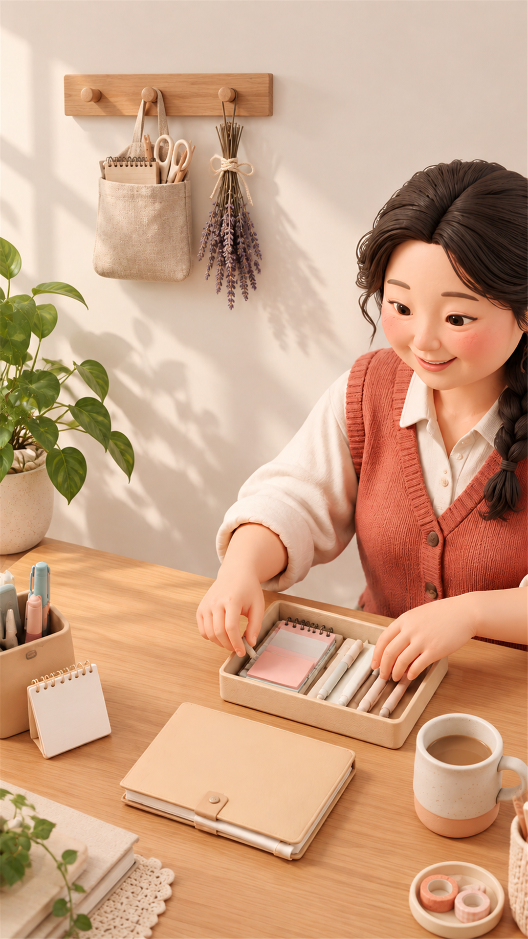 책상 위 문구를 정리하는 귀여운 입체 일러스트 스마트폰 배경화면