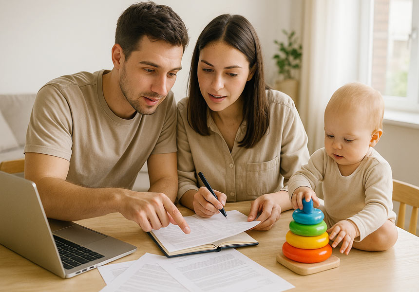 부모가 육아휴직 관련 서류를 확인하며 아기와 함께 있는 모습