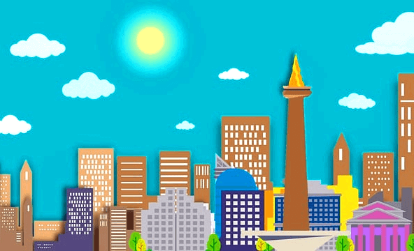 갈색의 아파트 건물들이 즐비하다. 파란 하늘에 노란 태양과 하얀 구름들이 떠 있다.