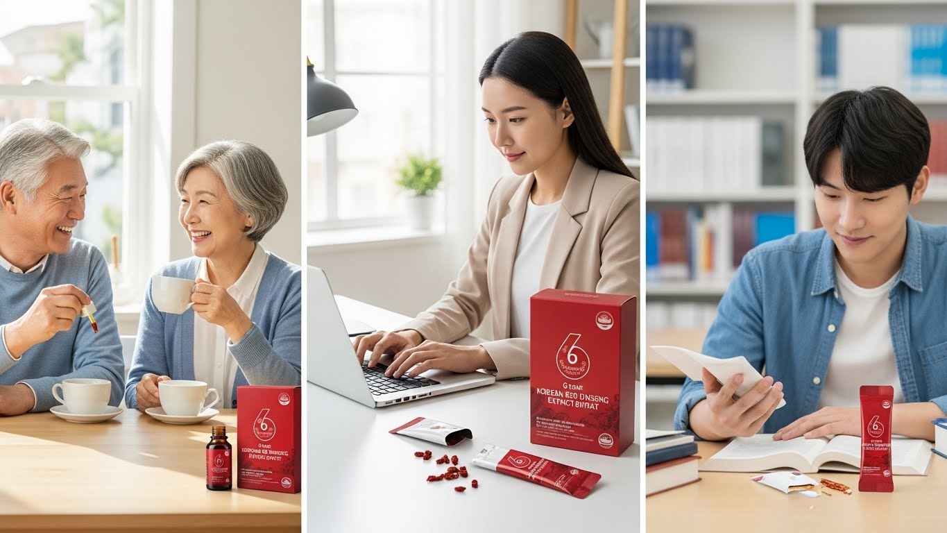 웃고 있는 노부부, 책상에 집중하는 젊은 전문직 여성, 공부하는 학생 등 다양한 사람들이 '풍년보감 6년 차 한국 홍삼 추출물 매일'을 일상에 은은하게 녹여냈습니다.