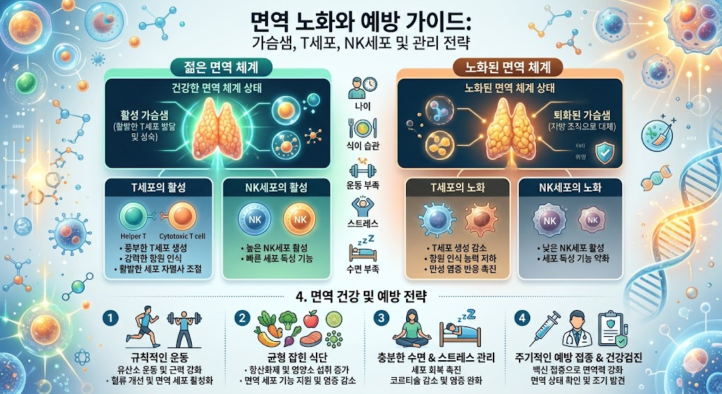 면역 노화 Immunosenescence &mdash; 흉선 위축 T세포 기능 저하 NK세포 노화 인플라메이징 역설 면역 유지 전략